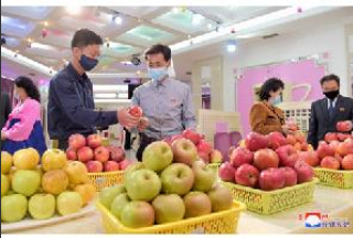 과수농장서 생산한 사과·배맛 평가 군중심사(사진=조선중앙통신)