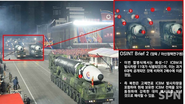 미국 위성업체 맥사 테크놀로지'(Maxar Technologies) 위성사진에 신형 고체연료 ICBM 이동식발사대(TEL)로 추정되는 차량 3대가 식별됐다.(사진 제공=양욱 아산정책연구원 연구위원)