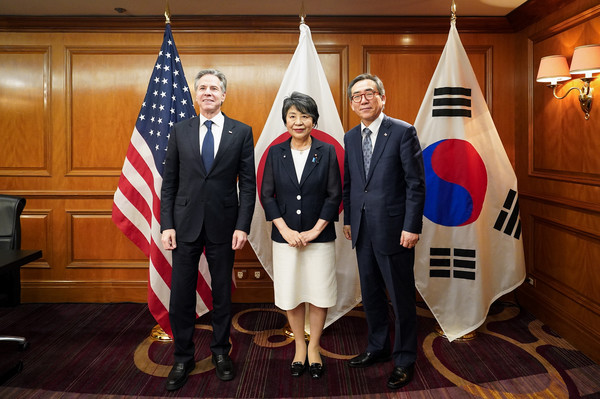 한미일 슬롯 꽁 머니 왼쪽부터 안토니 블링컨 미 국무장관, 가미카와 요코 일본 외무상, 조태열 외교부 장관(사진=외교부)