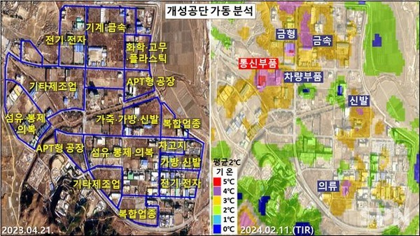 올해 2월 들어 개성공단 가동상황을 열적외선 영상으로 분석한 결과(오른쪽)다. 스마트폰 부품과 여성 의류, 금형, 금속, 차량 부품, 신발 등 공장토토 바카라이 한겨울에도 가동 중인 것으로 파악된다.(사진=구글어스, Landsat-9호 TIR)