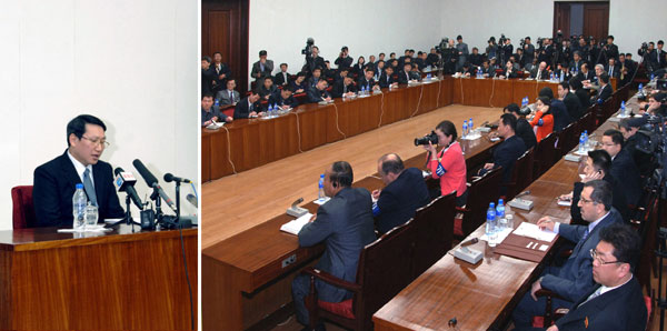 북한에 억류된 김정욱 선교사가 기자회견하는 모습(사진=노동신문)