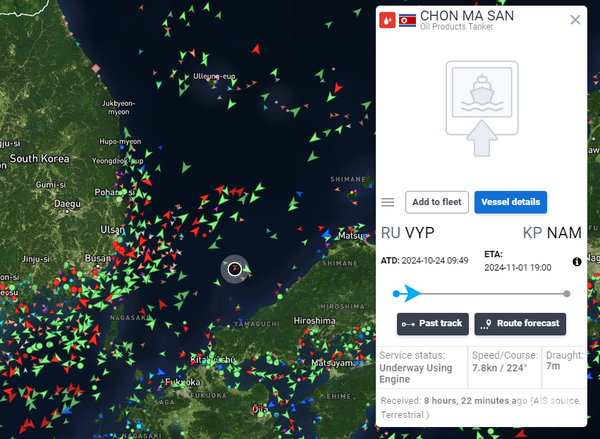 러시아 항구를 떠나 대한해협 쪽으로 이동하고 있는 북한 유조선 슬롯사이트 추천(사진=MarineTrafffic 갈무리)