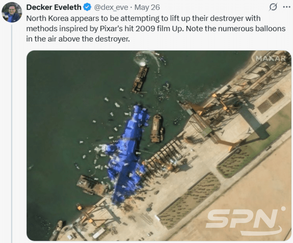 미군 해군 분석센터 조사분석가 데커 에벌레스(Decker Eveleth)가 25일(현지시간) 소셜 미디어 'X'에 북한 좌초 구축함 관련 분석 글을 올렸다.(사진=Decker Eveleth 'X' 갈무리)