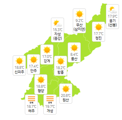 북한 지역 6월 18일 오전 3시 현재 날씨 개황(사진=기상청)