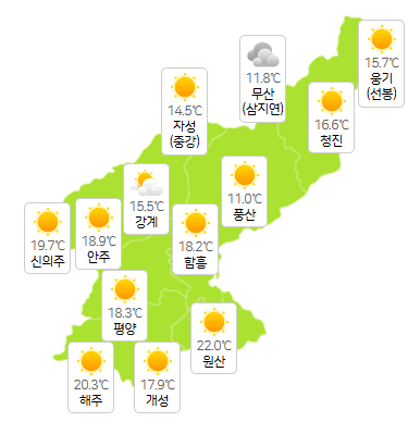 북한 지역 6월 22일 카지노 토토 3시 현재 날씨 개황(사진=기상청)