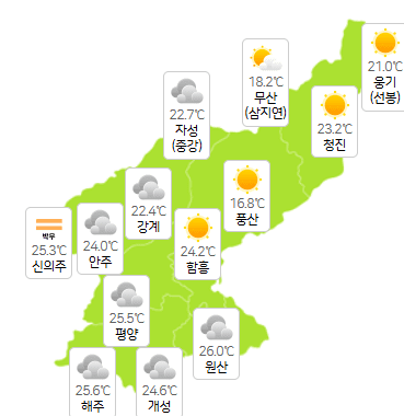 북한 메이저사이트 7월 24일 오전 3시 현재 날씨 개황(사진=기상청)