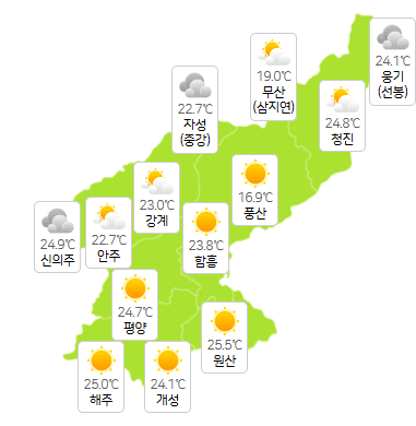 북한지역 7월 25일 오전 3시 현재 날씨 개황(사진=기상청)